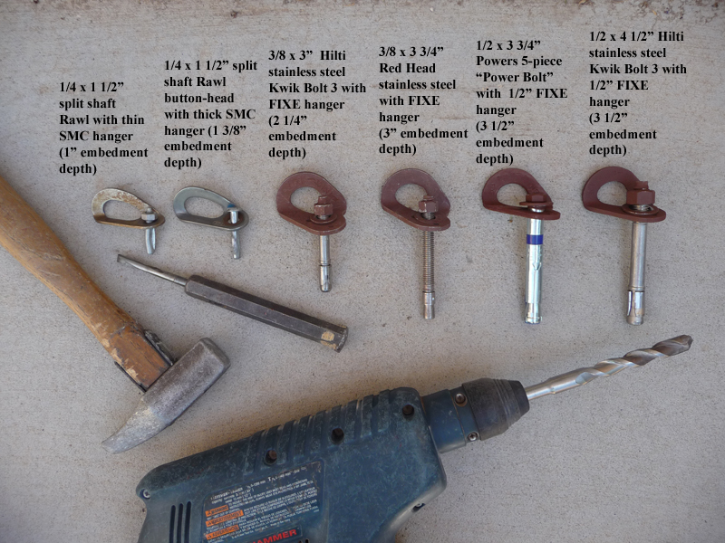 Different types of bolts used for climbing